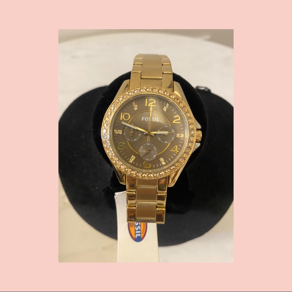 Fossil- Riley Gold Tone Multifunction Stainless Steel Watch ES3695 NEW
